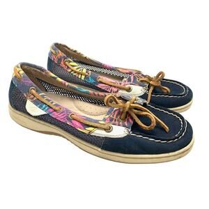 SPERRY TOP SIDER Navy Blue Floral Palm Trim Boat Shoes Loafers Real Leather 7.5